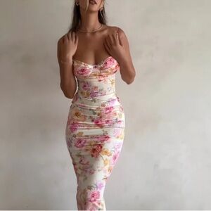 NWOT House of CB Josefina Floral Bustier Maxi Satin Dress sz L plus cup